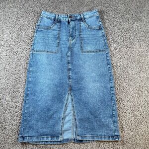 LOVEGEN Women Blue Denim Midi Skirt with Pockets Front Slit Size 7/29 boho retro